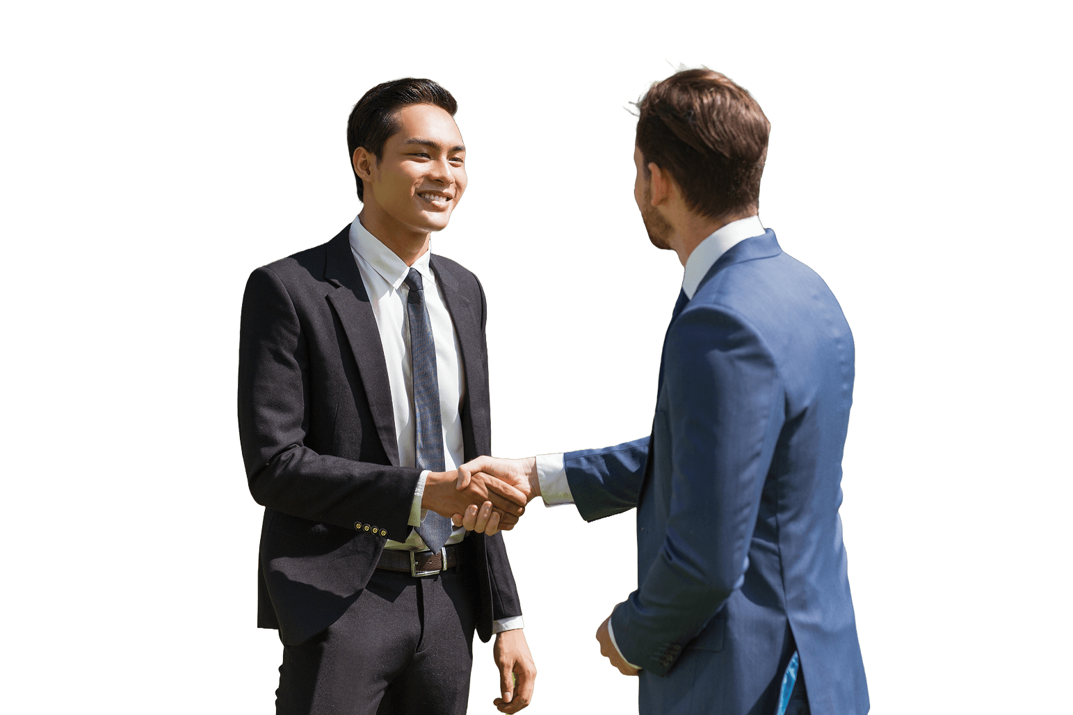 Ilustrasi dua pengusaha berjabat tangan yang melambangkan kemitraan hukum profesional antara klien dan Luxara Law Firm